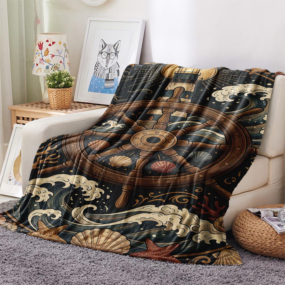 1PC Ships and Lighthouses Print FlAannel Blanket, High Quality Comfortable for All Seasons, Home Decor, Warmth and Comfort