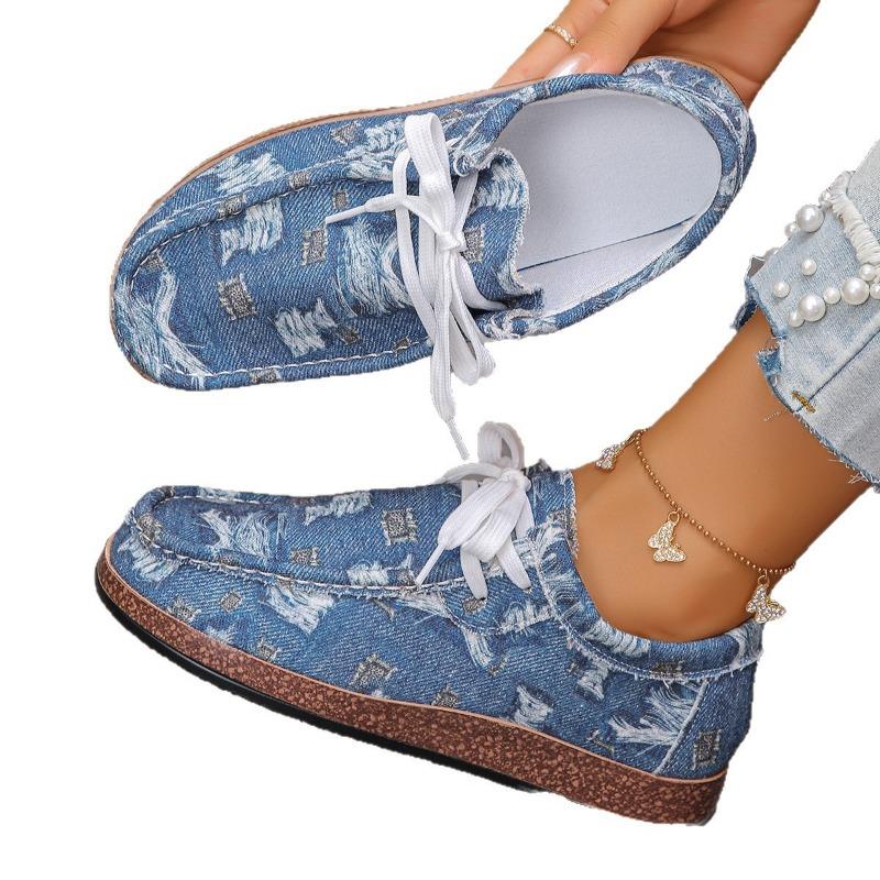 Large Size Casual Single Shoes Women's Color Lace-up Graffiti Low-top Canvas Shoes Wood Grain Platform Shoes