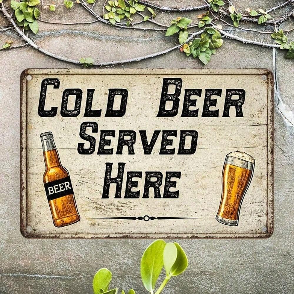 1PC Retro Cold Beer Metal Tin Sign, 2D Flat Vintage Wall Decor, 12x8 Inch Rustic Farmhouse Plaque, Easy To Hang