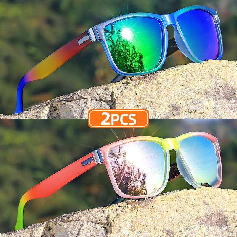 2pcs Classic Square Frame Sunglasses, Gradient Color, Full Rim, Polycarbonate Frame, TAC Lens, Polarizer, Sports Style