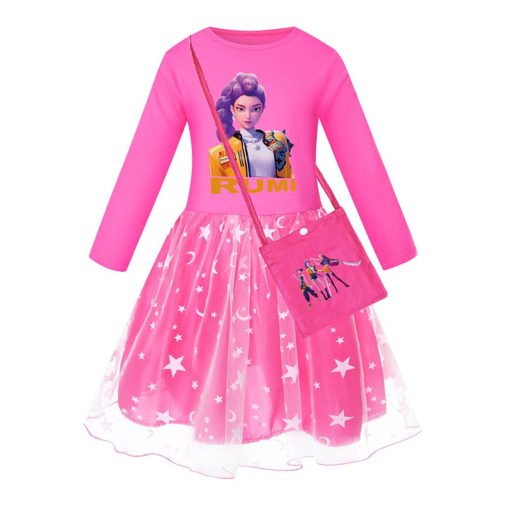 

Детское платье для девочек в стиле аниме, мультяшное, поп-певица, суперзвезда Руми Зои Мира с принтом, сетчатое, радужное, с круглым вырезом, повседневное, хлопковое 110cm