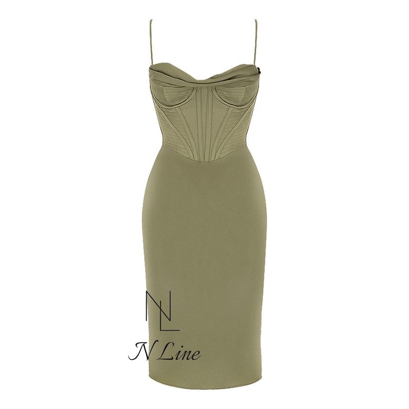

Fashion Direct Mining House of CB Early Spring New Products Sexy Strapless Suspenders Silk Fishbone Corset Midi Dress OLIVE L+