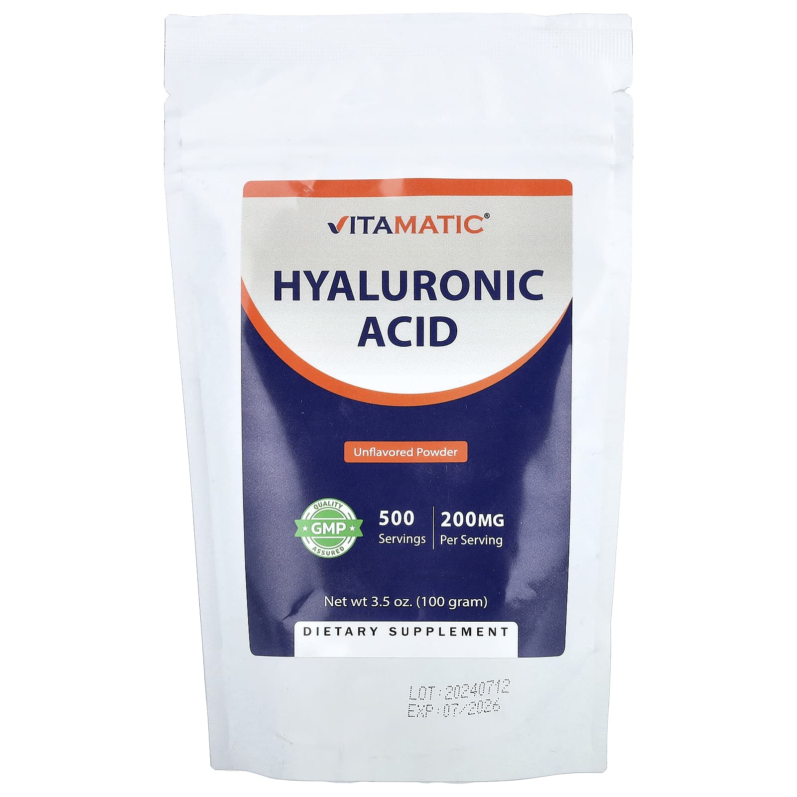 

Vitamatic, Hyaluronic Acid Powder, Unflavored, 100g (3.5oz)