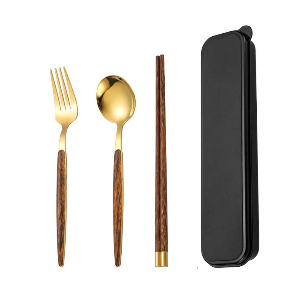 4PCS/Set Wooden Handle Portable Tableware Set with Box Fork Spoon and Chopsticks Set  Travel