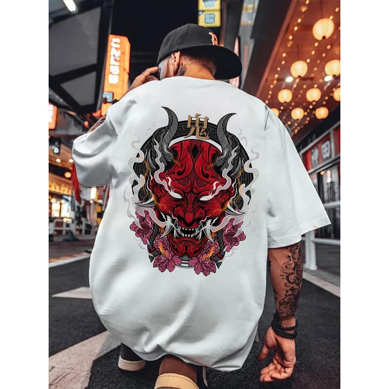 Men'S 180gsm Heavyweight Graphic T-Shirt - Bold Red & Black Geometric Print, Casual Round Neck Tee for Summer, Comfortable & Stylish, Everyday Tshirt