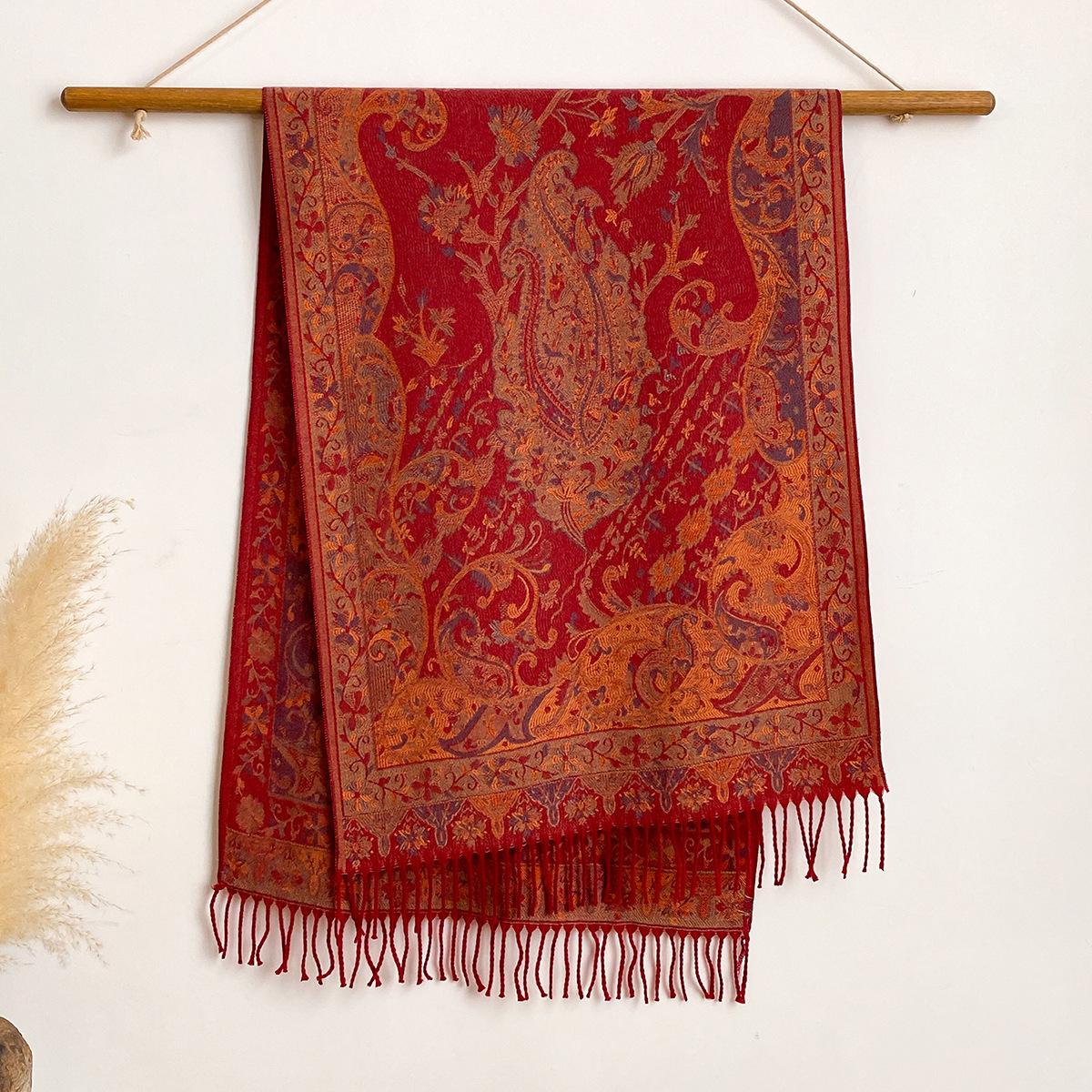 

Classic Imitation Cashmere Jacquard Ethnic Style Popular Cashew Print Hanging Beard Tassel Long Scarf Women S Scarf Elegant Shawl 200x65cm червоний