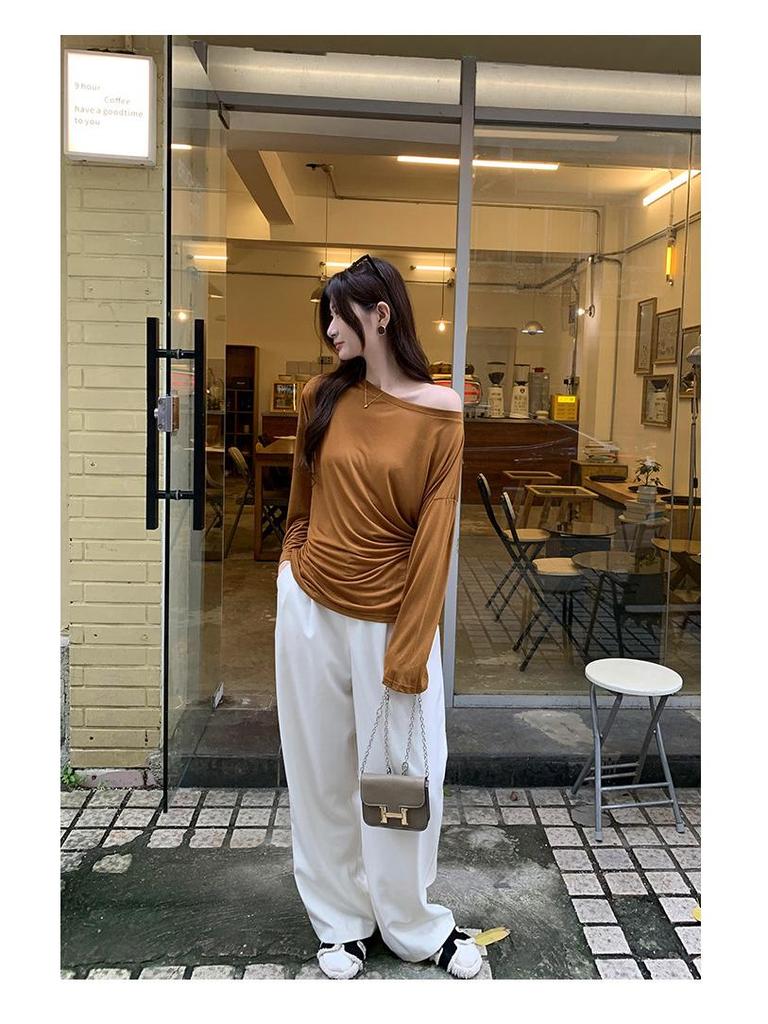 Korean Style Tie-Waist Long-Sleeved Off-Shoulder T-Shirt for Women - Autumn Edition