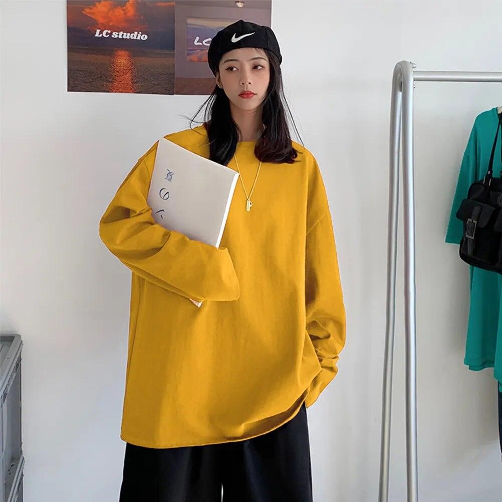 100% Cotone 20224 Primavera Nuovo Maglietta a Maniche Lunghe Donna Maglietta Basic Maglietta Oversize Donna Casual Girocollo Maglietta Donna Taglia USA