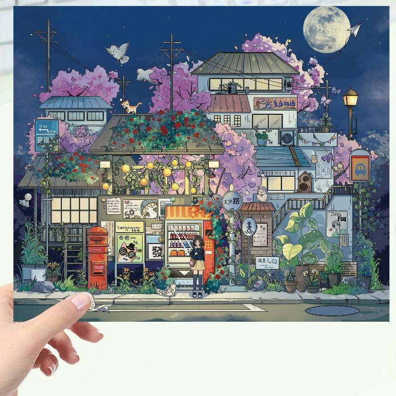 Cartoon Summer Night Bus Station Scenery Decoration - Miniature Landscape Stickers - Decal Stress Relief PET Stickers Summer Night Bus Stop