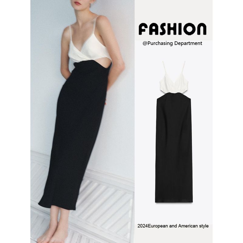 Za2025 Spring New Women's Clothing Sling Contrast Color Opening Design Patchwork Midi Skirt Dress 5029064 064