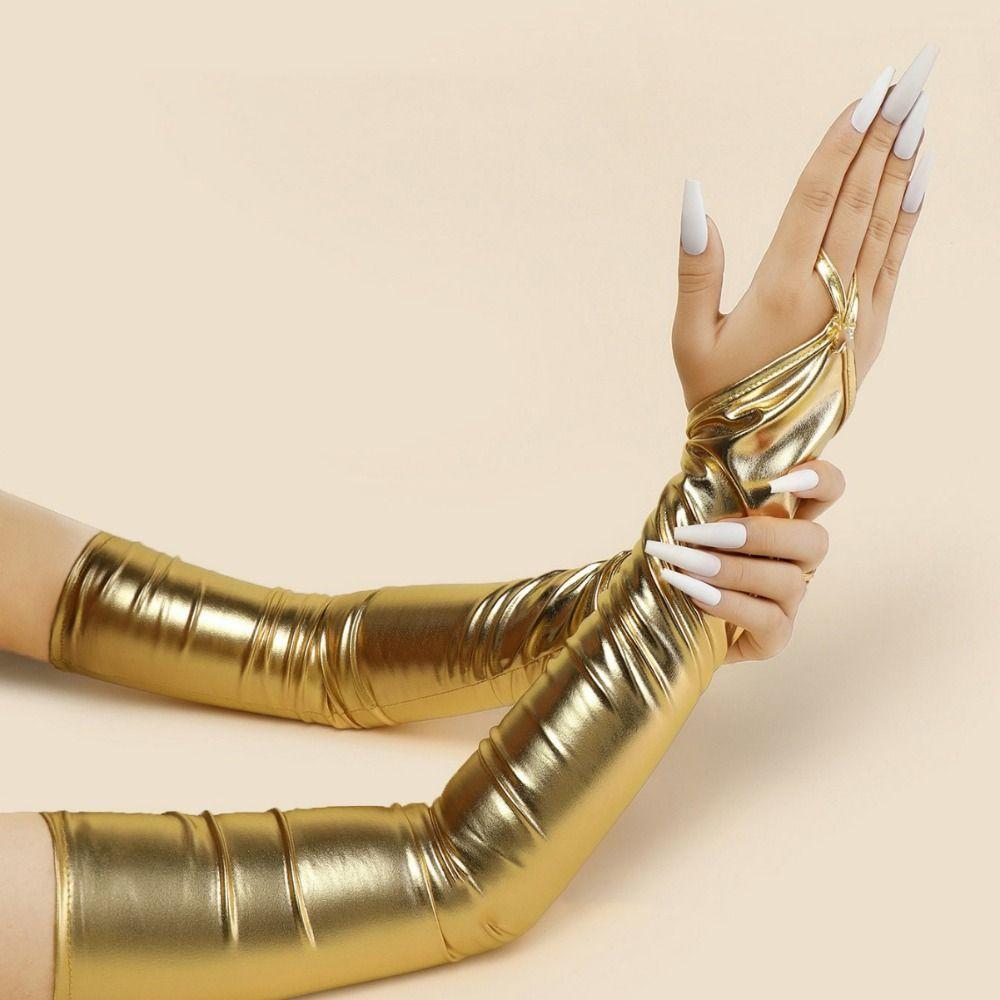 Cloth Hook Finger Long Gloves Elastic Women Gloves Fashion Patent Leather Black Gloves  Photography