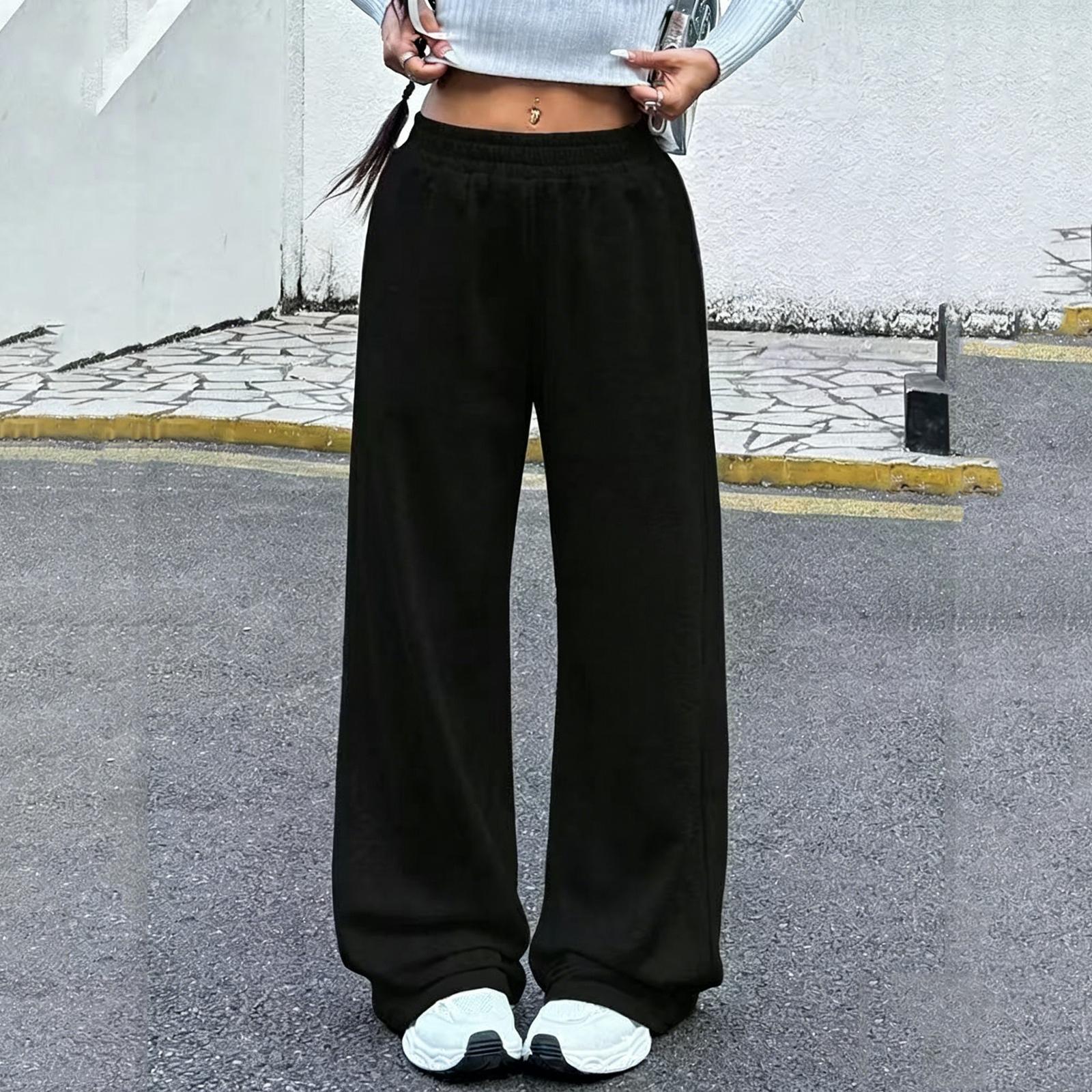 Women s Casual Solid-Color High-Waisted Wide-Leg Straight-Leg Pants L