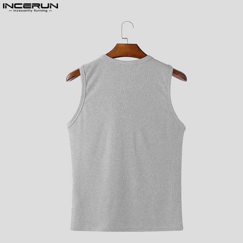 INCERUN Mens Summer Button O-neck Sleeveless Solid Color Casual Rib Tank Tops