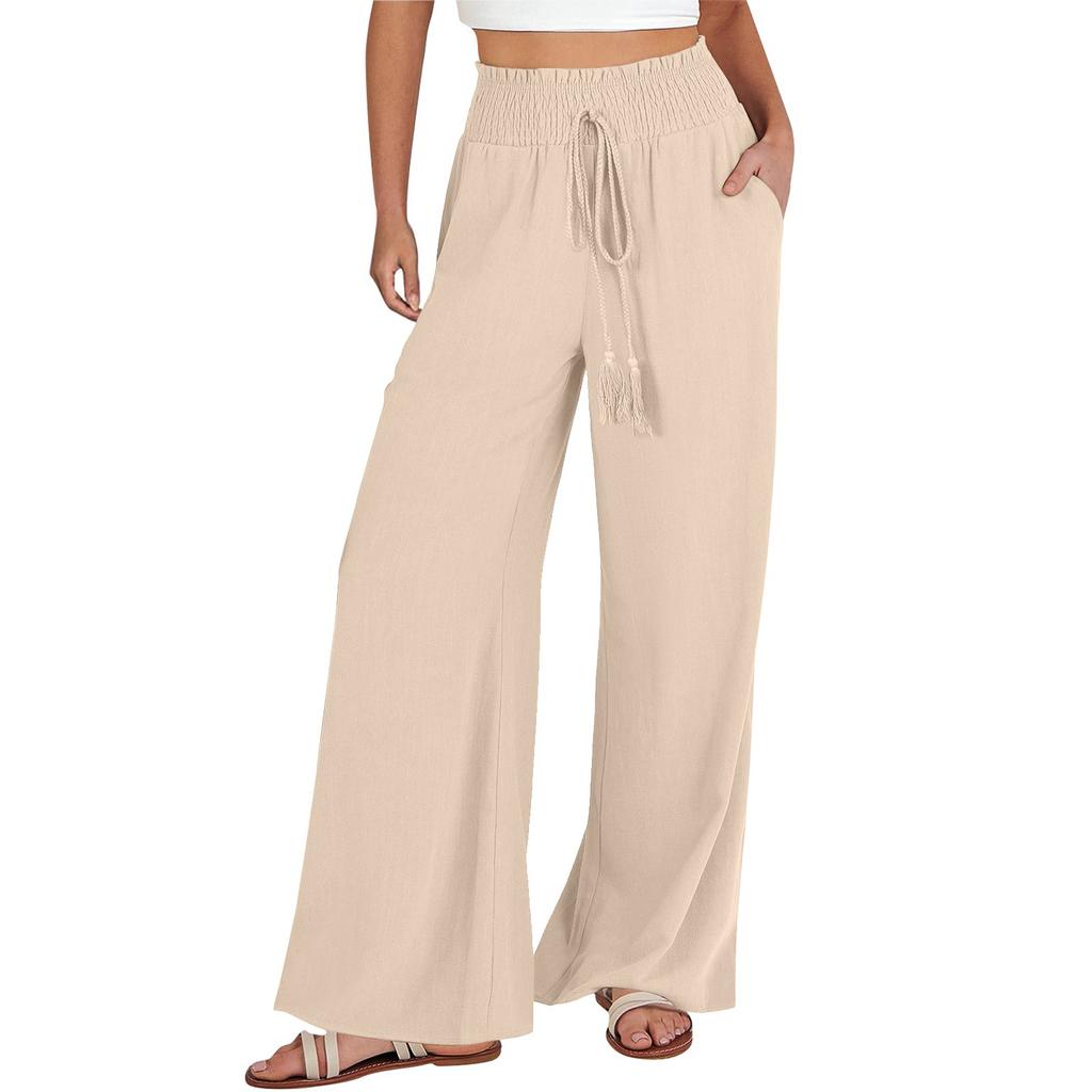 Women's Casual Fashion Colour Cotton Linen Casual Pants Wide Leg Trousers Sweatpants With Pockets