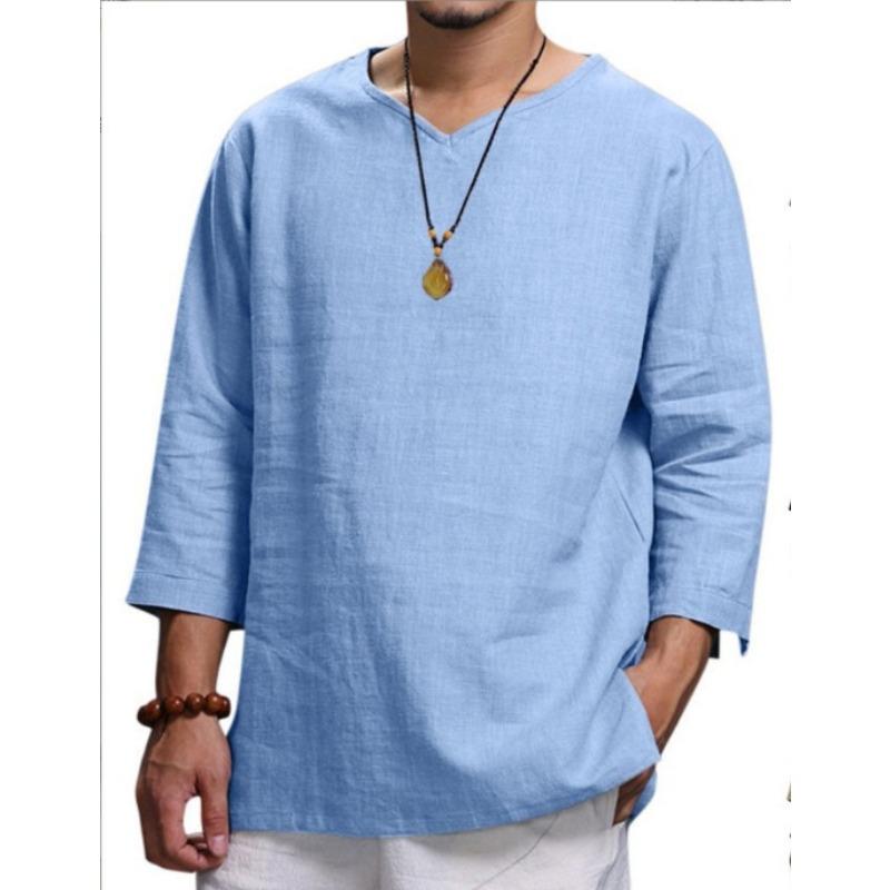 Men's Long Sleeved V-neck Cotton Linen Loose Fitting Shirt