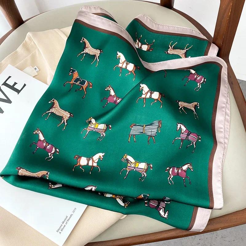 Fashion Scarves for Women Shawl Horse Print Silk Satin Hijab Scarf Female 70*70cm Luxury Brand Square Shawls Scarfs For Ladies