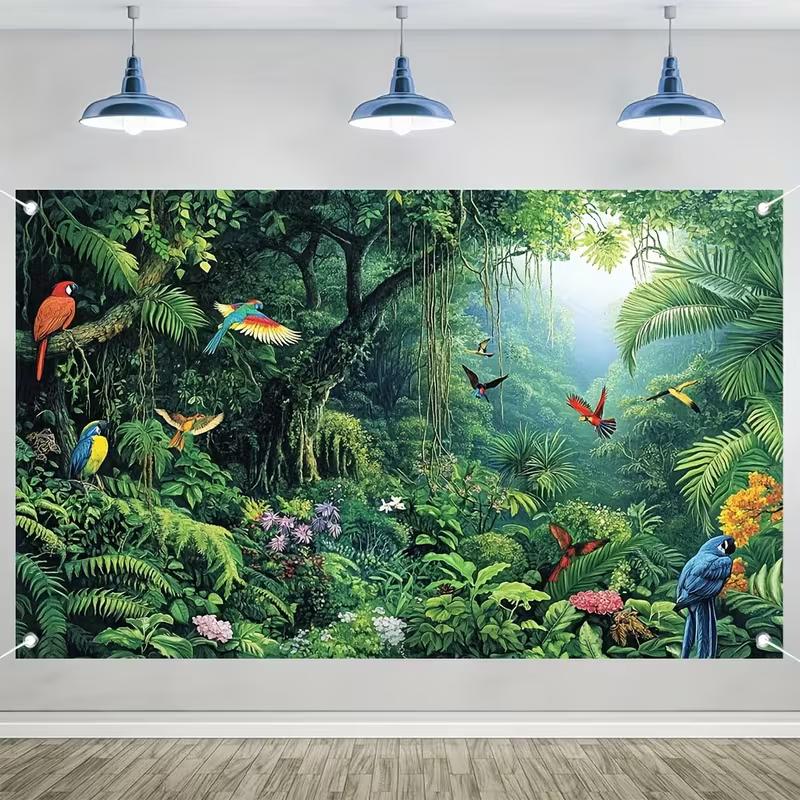 2D Rainforest Parrot Backdrop Cloth Tropical Green Forest Photography Background