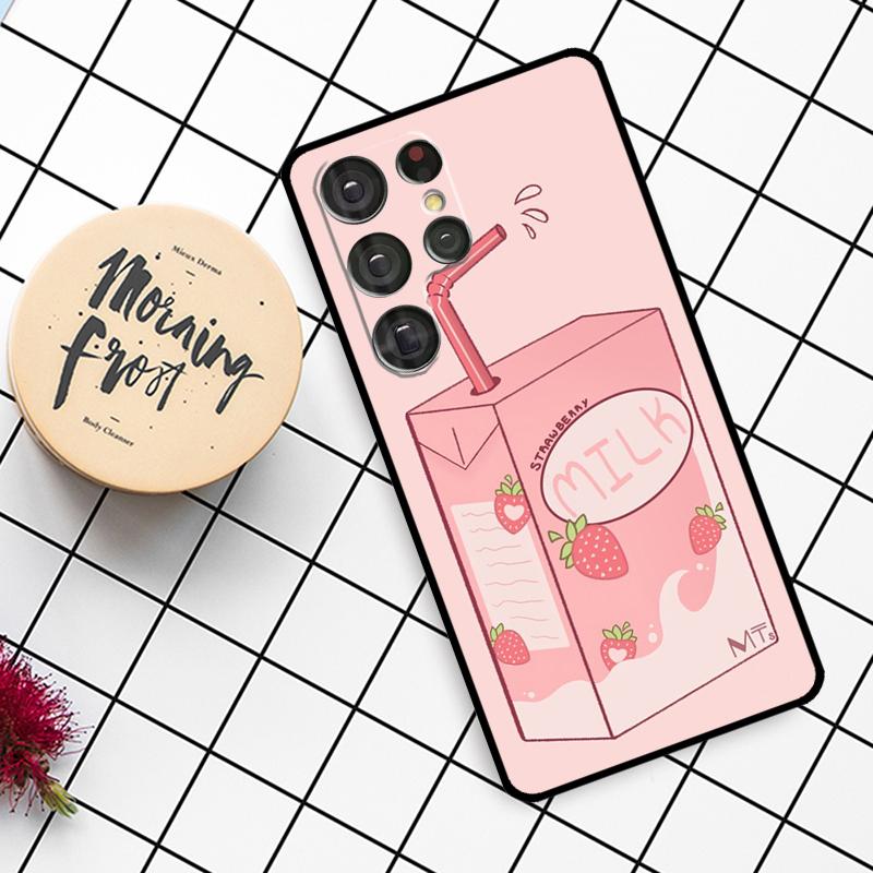Cute Strawberry Milk Box Case For Samsung Galaxy S25 Ultra S23 S22 S21 S20 S24 Ultra S9 S10 Plus S25 FE Phone Cover