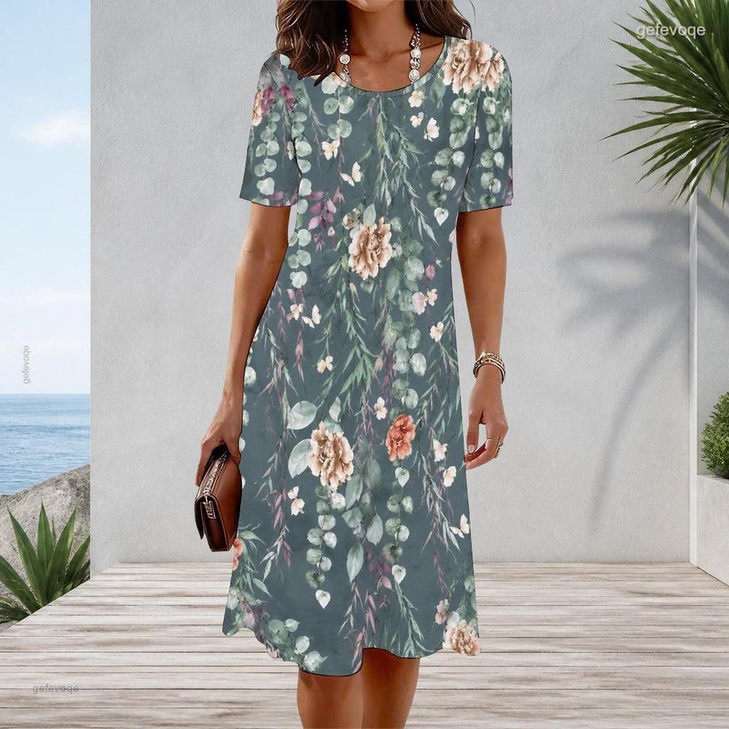 Women Plus Size Round Neck Short Sleeve White Hot Pink Printed A Line Dress