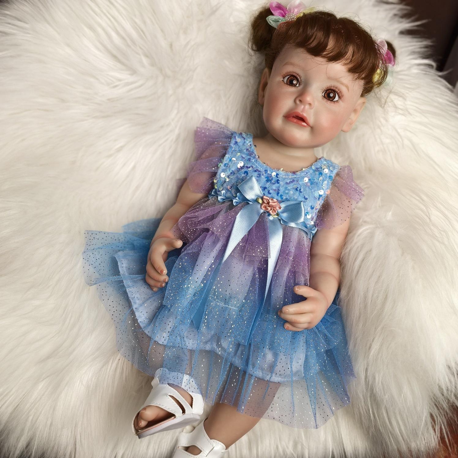 

Хэллоуин 55 см Милая кукла Reborn Baby Doll Полностью силиконовая виниловая кукла Bebe Reborn Doll Лучшие рождественские подарки для девочек Игрушка с сосками, бутылочкой для молока 22 Inch about 55 cm коричневый