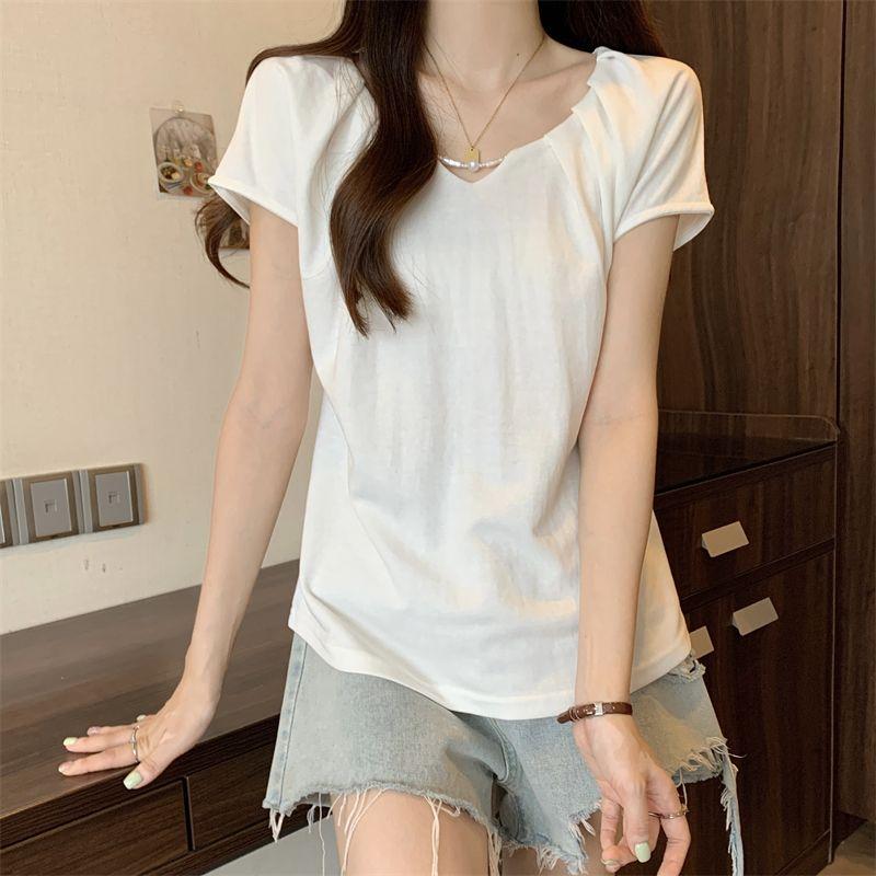 Design Sense Pleated V-neck Short Sleeved T-shirt for Women In Summer Korean Version Slim Fit and Slimming Top for Women