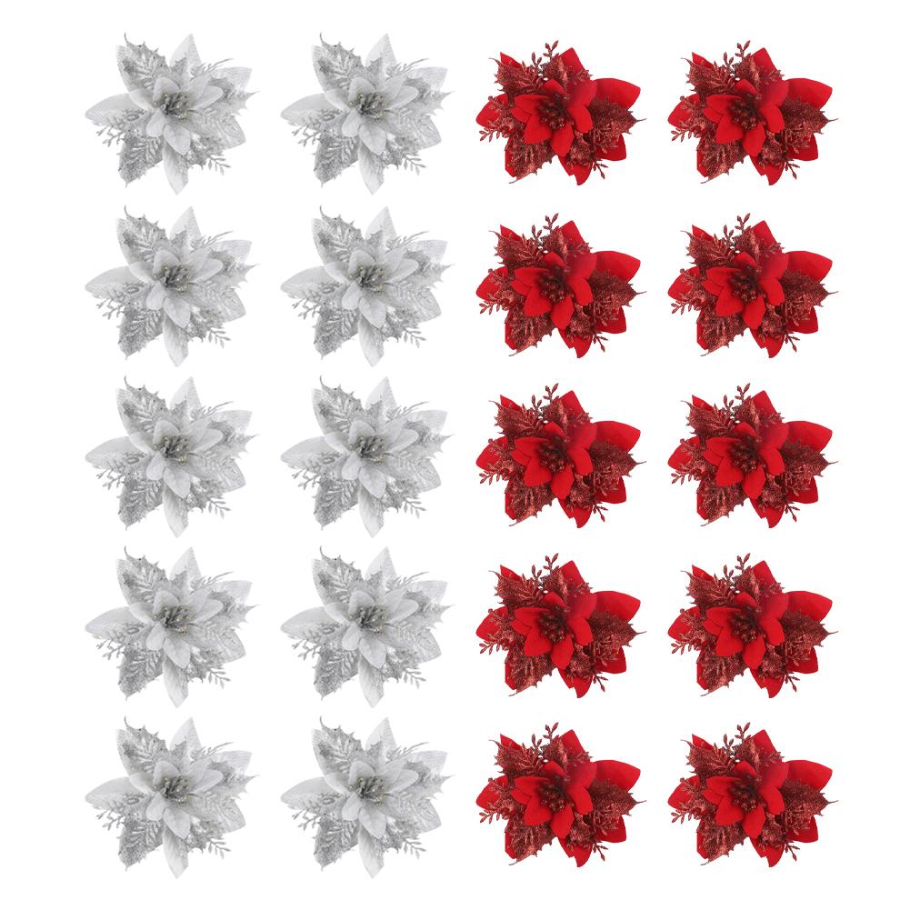10/20Pcs Christmas Flowers Decor 15cm Glitter Flowers Decors for Christmas New Year Party Supplies