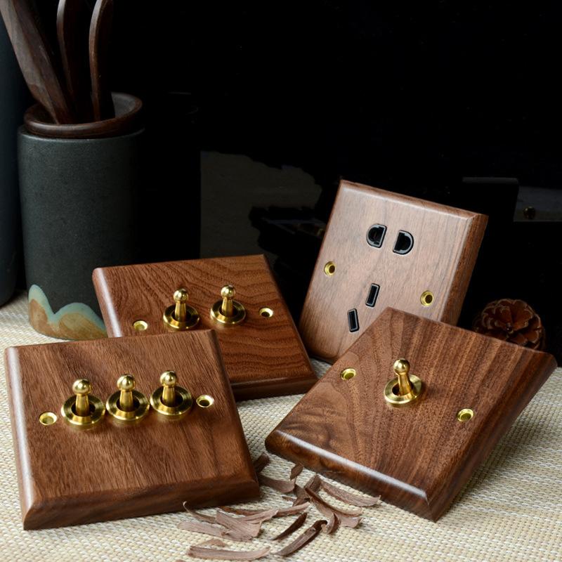 86Mm Wooden Light Switch Panel Black Walnut with Brass Toggle Lever Wall Lamp Switch for Home Lighting Control