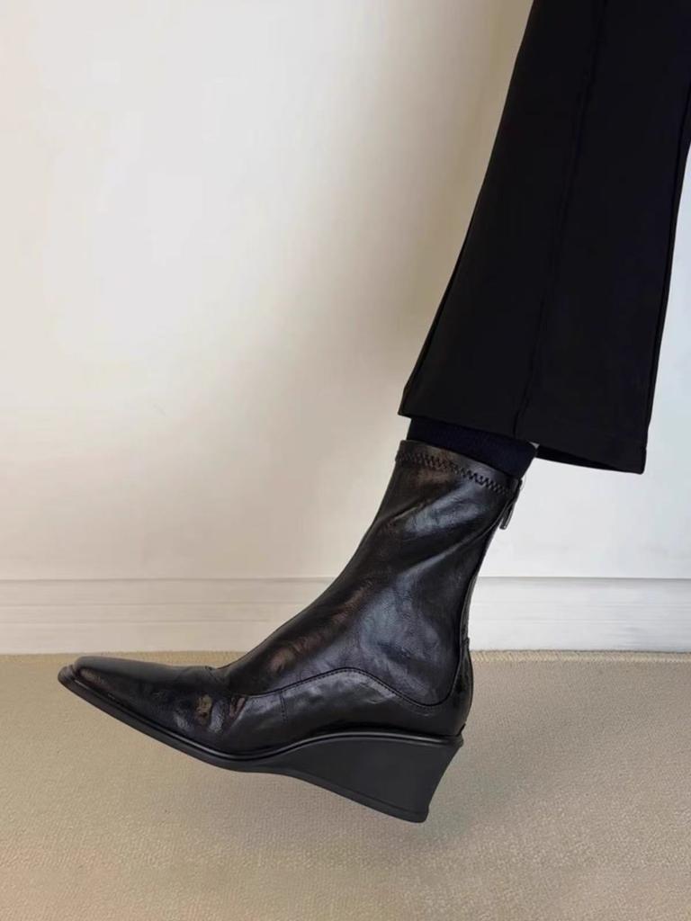 Wedge heel thick sole heightened elastic thin boots women's head rear zipper retro versatile short boots British Martin boots