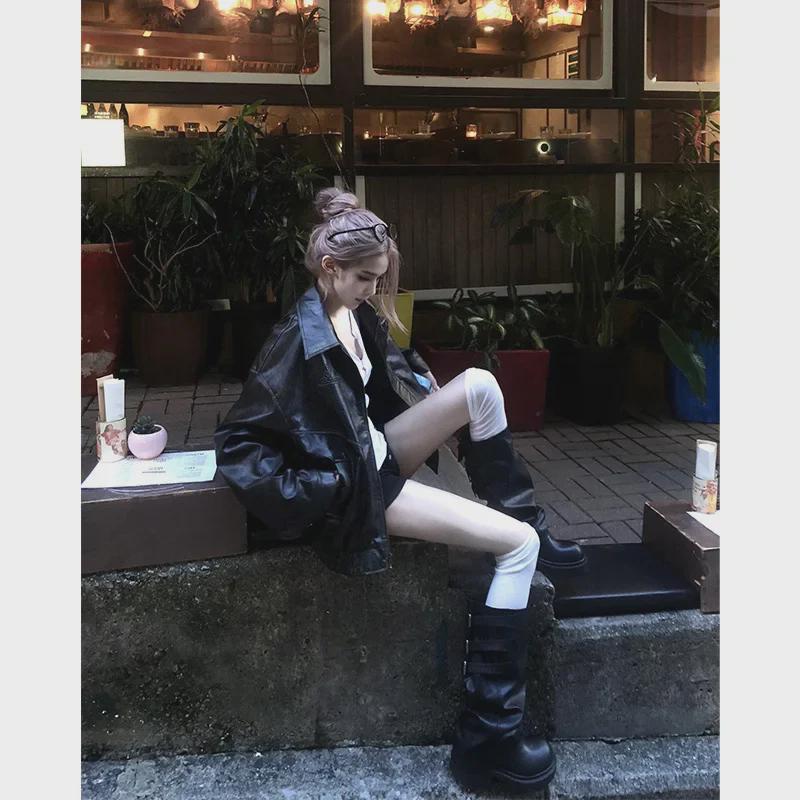 Geacă de piele retro de motocicletă pentru femei 2024 - Design larg, plisat