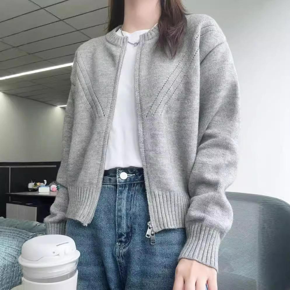 Versatile Women's Round Neck Knit Cardigan - Solid Color Zipper Outerwear for Autumn, Winter, and Spring