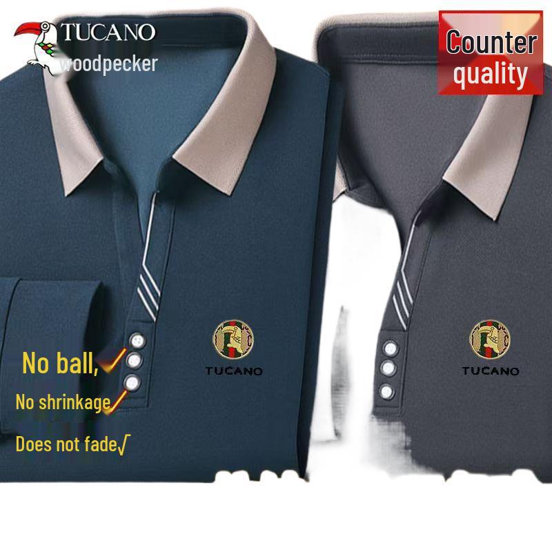 Woodpecker Men's Long-Sleeve Solid Color Polo Shirt with V-Turn Collar for Spring and Autumn.