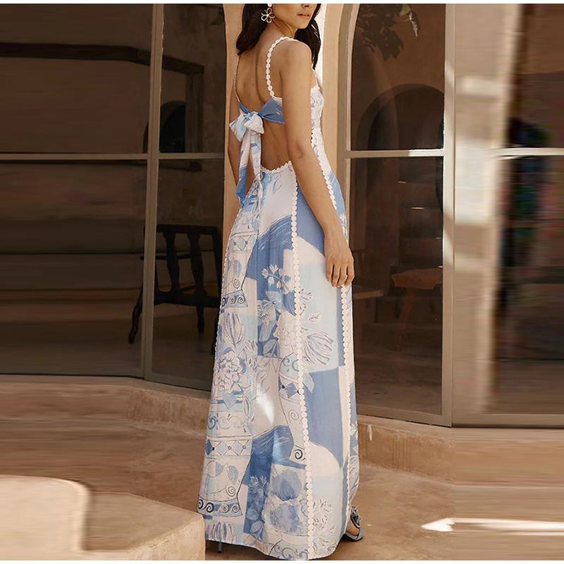 Strapless Suspender Sexy Maxi Dress Women Lace Backless Large Hem Fashion Printed Long Dresses Holiday Robe