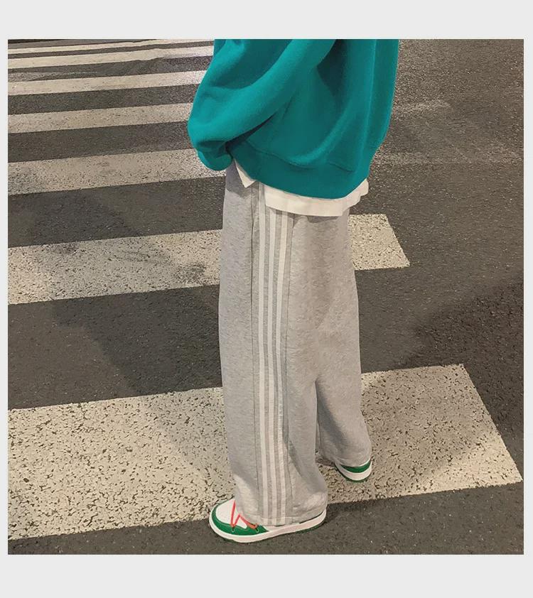Damskie spodnie sportowe w paski w stylu koreańskim - luźne, sięgające do ziemi, w jednolitym kolorze, na wiosnę i jesień