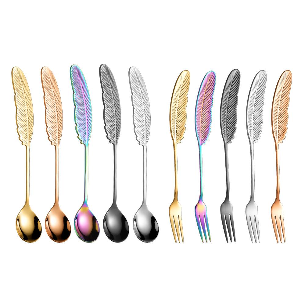 Feather‑Shaped Spoon Fork, 304 Stainless Steel Coffee Stirring Spoon Creative Dessert Gift Utensil