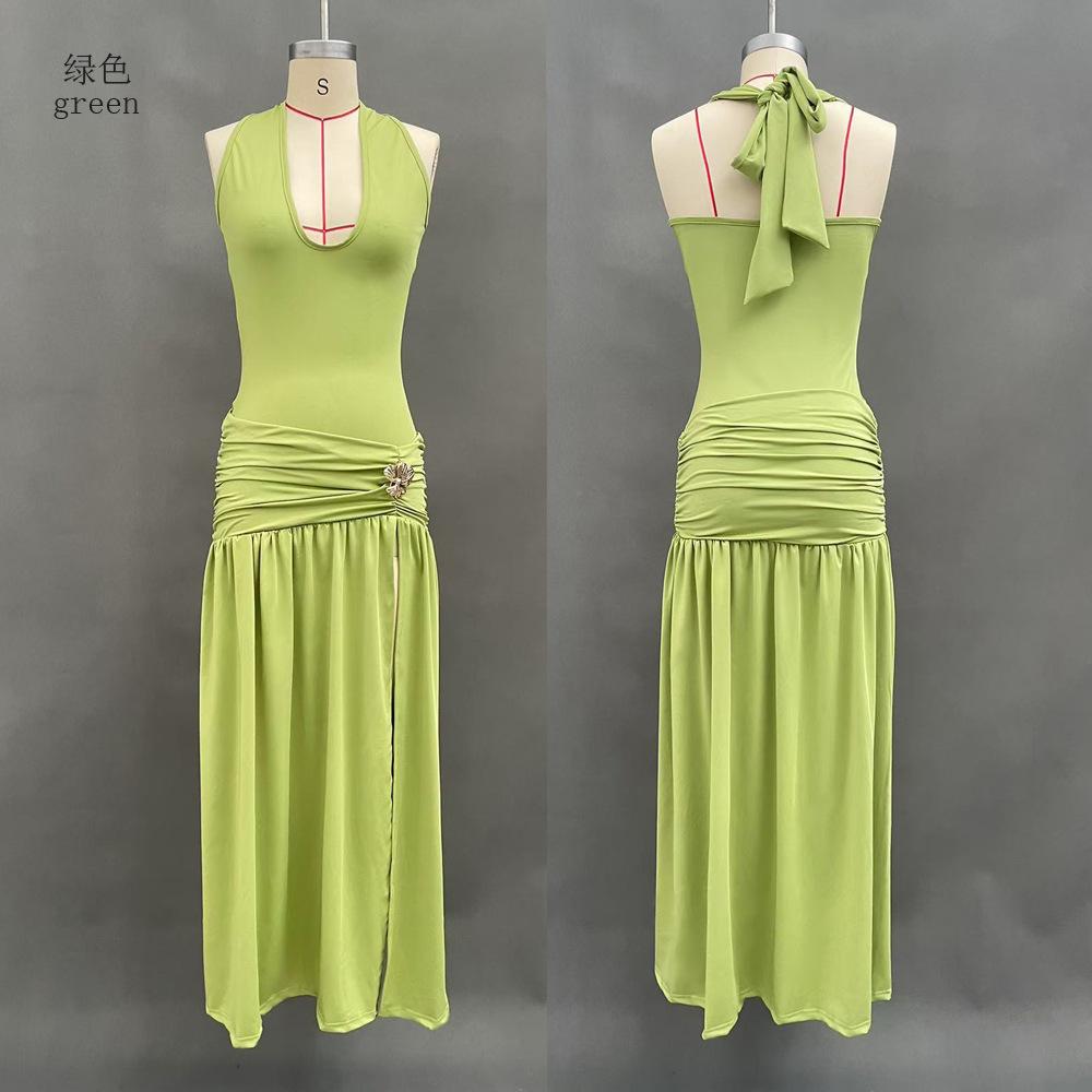 European and American women's clothing 2025 summer new neck halter slim fit solid color split dress sexy dress