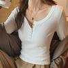 H262 Women's Early Autumn Slim Urban Buttoned Long-Sleeve Round-Neck T-Shirt