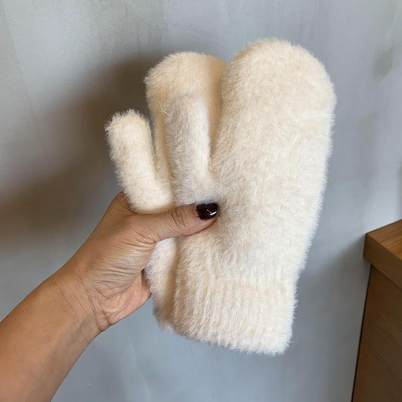 Winter Gloves for Women Korean Version Solid Color Thickened and Velvet Imitation Mink Hair Cycling Students Warm Mittens