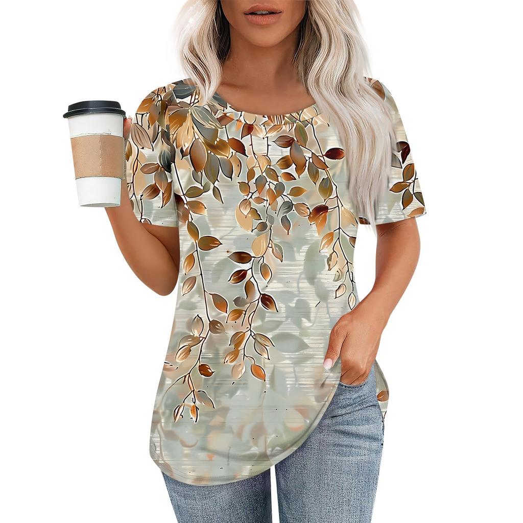 Women's Fashionable Casual Short Sleeve Print Round Neck Pullover Top