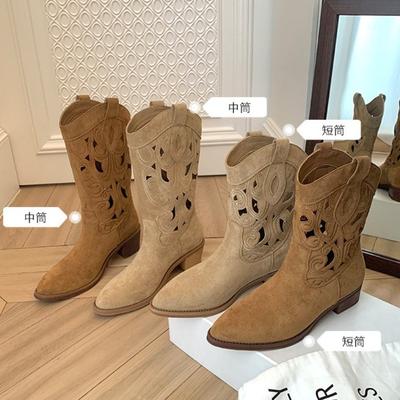 Autumn and Winter New Pointed Hollow Embroidery Short Tube Thick Heel Western Boots Women