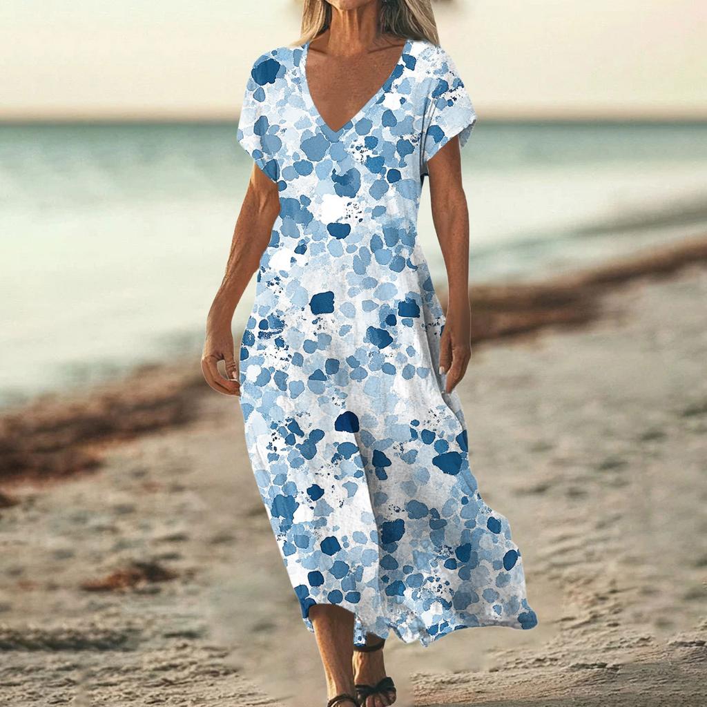 Fashion Women's Summer V-neck Short Sleeve Cotton And Linen Vintage Floral Print Beach Dress