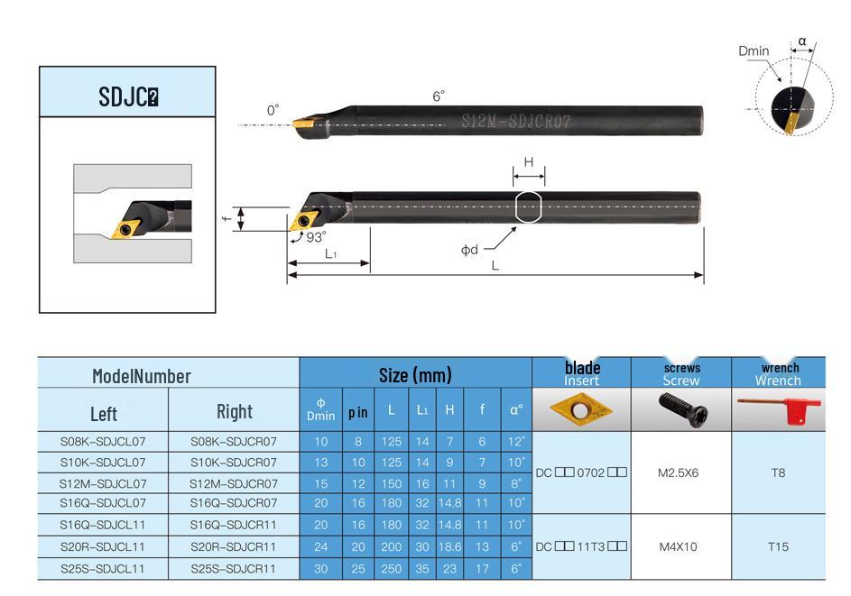93° Internal Hole Tool Holder S08K/S10K/S12M/S16Q-SDJCR07 & S16Q/S20R-SDJCR11