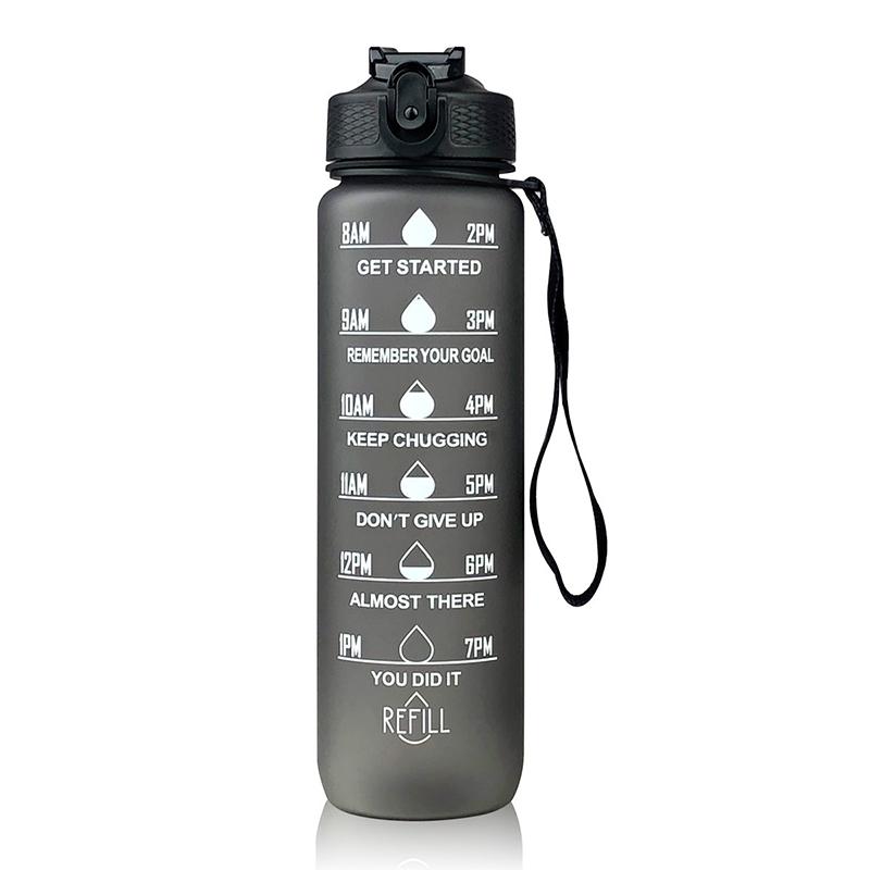 1 Liter Motivations-Wasserflasche mit Strohhalm-Mundstück Mit Zeitmarkierung Auslaufsichere Sport-Wasserflasche Für Fitnessstudio Camping Tour