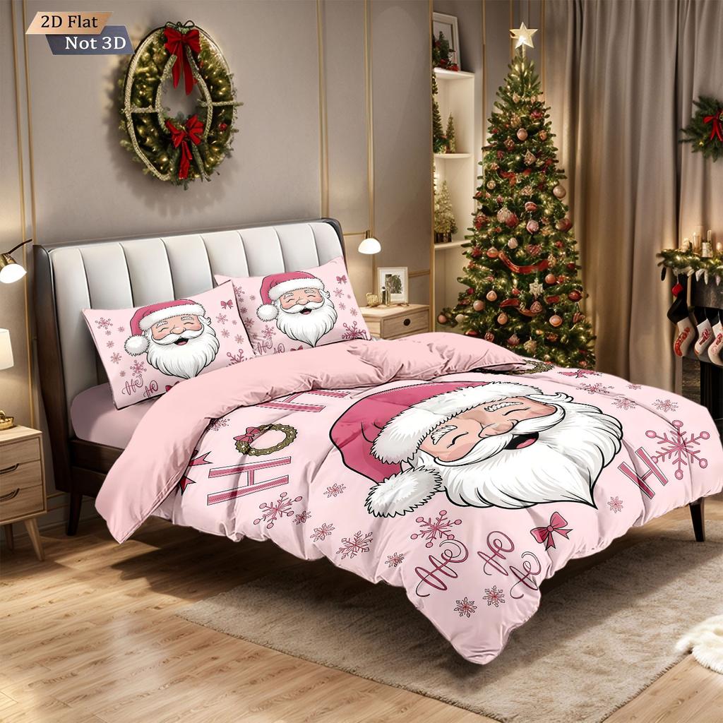 3Pcs Pink Santa Claus Printed Coreless Down Duvet Cover In Multiple Sizes Soft Bedroom Bedding Decoration Machine Washable