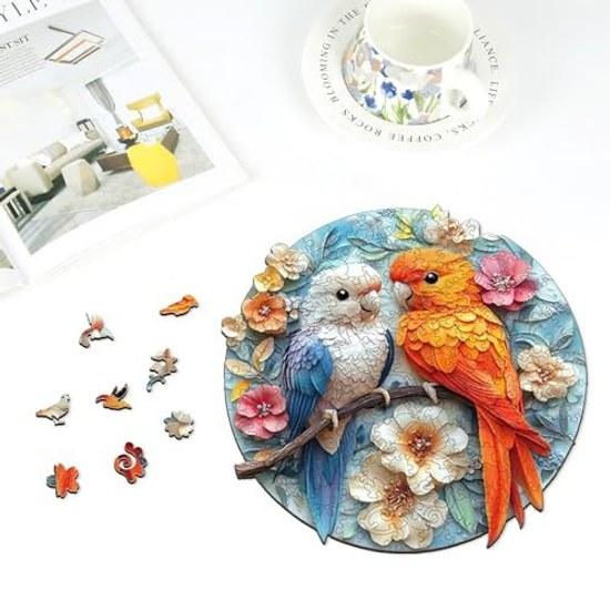 Qiuenisray Jigsaw Puzzle 200 Pieces Wooden Parrot Flowers (27.728.4cm) 3mm Thick Irregular Adhesive Sheet Adult Use Durable Laser Cut Cute Interior