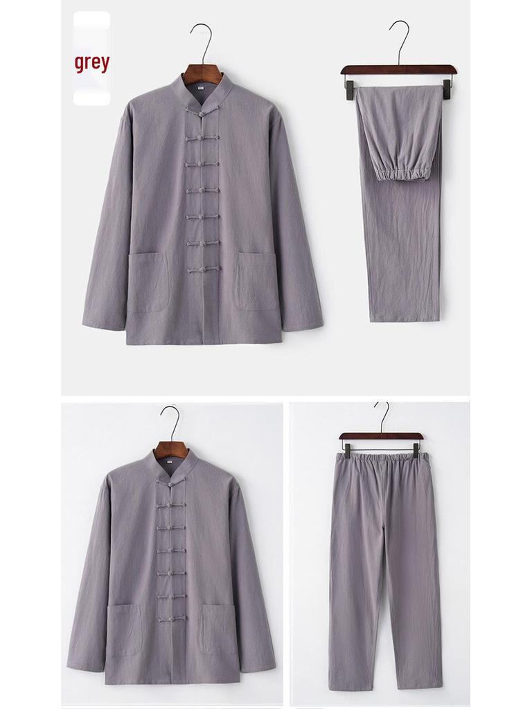 Herren Langarm Baumwolle & Leinen Tang-Anzug: Zweiteiliges Set im chinesischen Retro-Stil mit Froschknöpfen für Herbst und Frühling