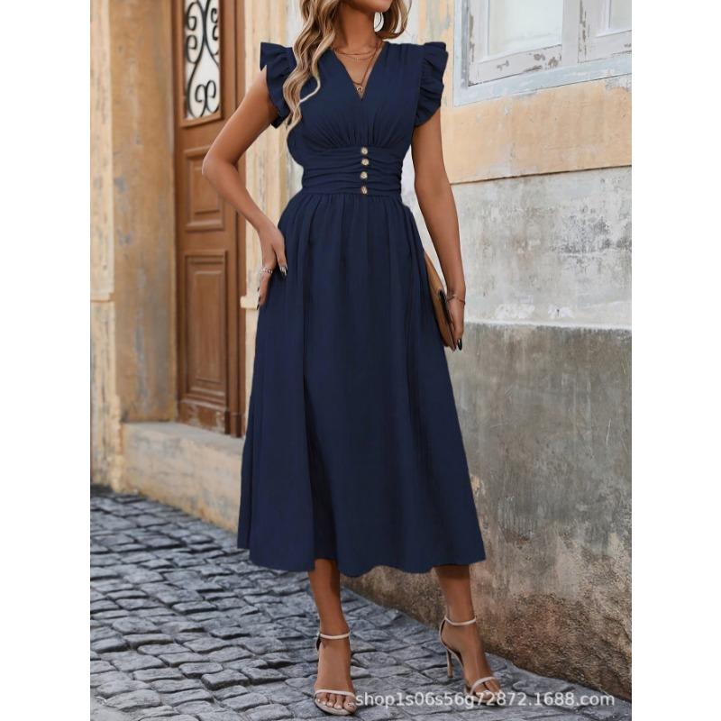 Elegant Ruffled Sleeve Waist Cinched A-line Dress Solid Color Summer Sleeveless Party Dress Fashion Summer Sweet Solid Color Casual Sweet Clothing