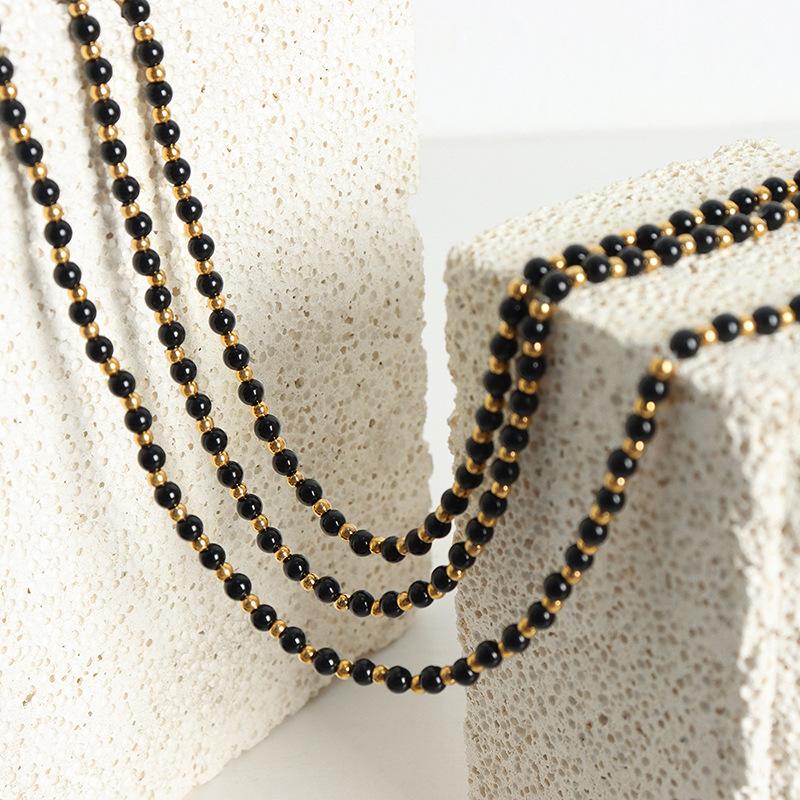 Vintage Black Agate Beaded Necklace For Women Stainless Steel OT Buckle Necklaces Elegant Woman Jewelry