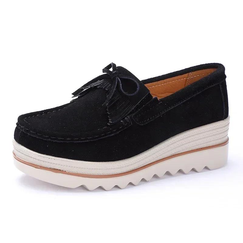 Women Cow Suede Casual Shoe Wedge Platform Height Increasing Single Shoes Tassel Muffin Shake Loafers Mother Walking Shoes 35-42