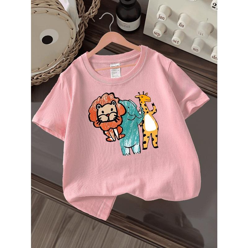 Boys Knit Crewneck T-Shirt, Cute Lion Elephant Giraffe Cartoon Animal Print
