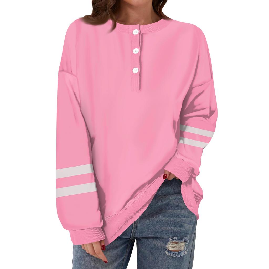 Women's Casual Fashion Comfortable Striped Long Sleeve Round Neck Button Casual Loose Hem Side Slit T-Shirt Tops